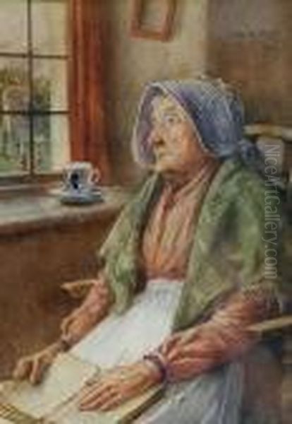 An Elderly Woman Reading, A Cup Of Tea Nearby Oil Painting by Claude Pratt