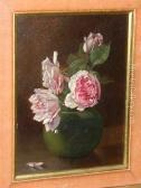 Pink Roses In A Green Vase, Signed And Dated 'claude Pratt 1908', Oil On Panel Oil Painting by Claude Pratt