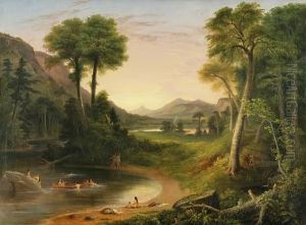 Indians Bathing - A Scene From New England Oil Painting by Henry Cheever(s) Pratt