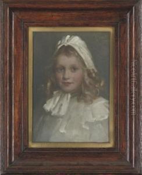 Portrait Of Muriel Calder, Bust-length, In A White Dress And Bonnet Oil Painting by William Pratt