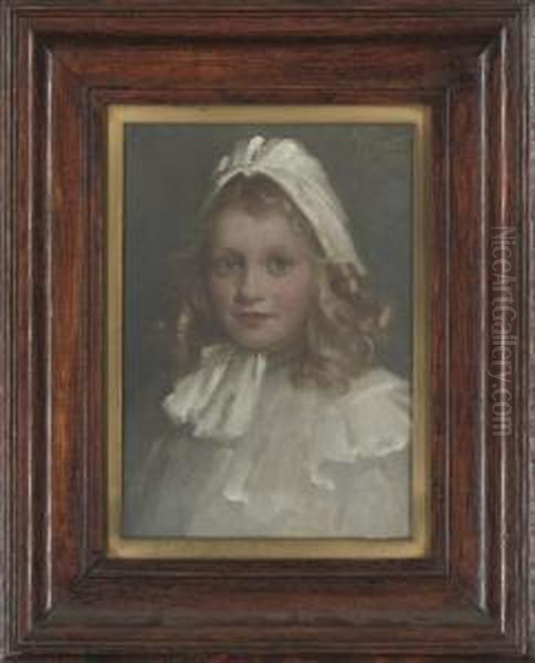 Portrait Of Muriel Calder, Bust-length, In A White Dress And Bonnet Oil Painting by William Pratt