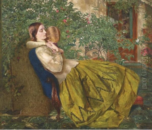 Two Girls In A Conservatory Oil Painting by School Pre-Raphaelite