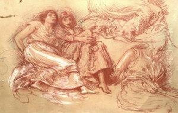 Composite Studies Of Two Seated 
Draped Females , Two Heads ; Red And White Chalk On Buff Paper, In A 
Double Sided Glazed Frame, 35.5x53cm Oil Painting by School Pre-Raphaelite