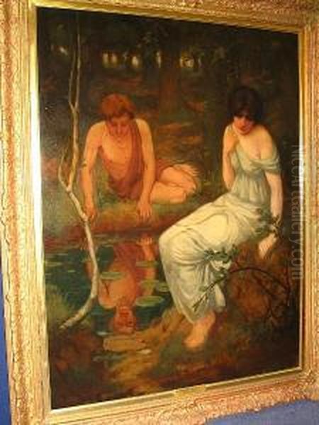 Narcissus And Echo Near A Pool In A Wooded Landscape Oil Painting by School Pre-Raphaelite