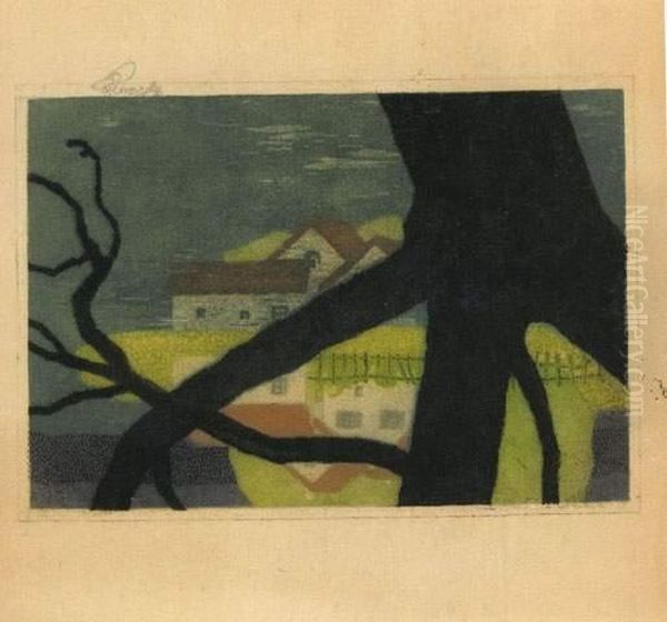 [village Sur La Riviere, Arbre Au Premier Plan]. Vers 1900. Oil Painting by Vojtech Adalbert Preissig