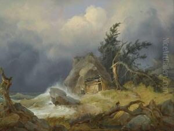 Sturmische
 Uferlandschaft. Oil Painting by Friedrich I Preller