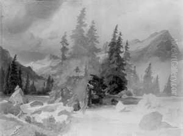 Hochgebirgslandschaft Mit Wanderern. Oil Painting by Friedrich I Preller