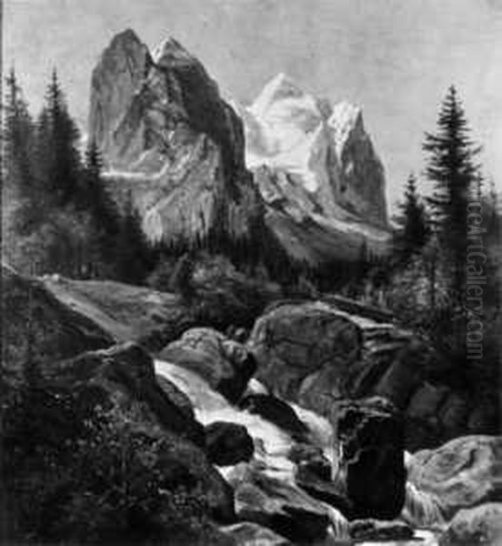 In Den Schweizer Alpen. Blick 
Auf Well- Und Wetterhorn. Ol Auf Papier. H 38,7; B 36 Cm. Tafel Oil Painting by Friedrich I Preller