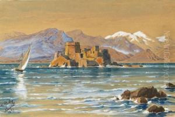 Die Festung Bourtzi Vor Nauplia Oil Painting by Friedrich Ii Preller