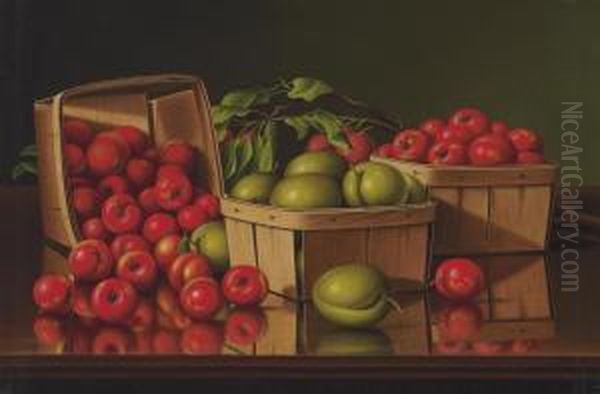 Still Life With Basket Of Plums Oil Painting by Levi Wells Prentice