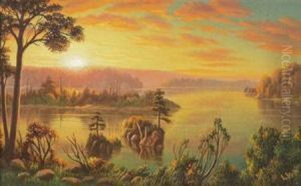 American, - Lake At Sunsetinitialed Lwp And L.w. Prentice On The R Oil Painting by Levi Wells Prentice