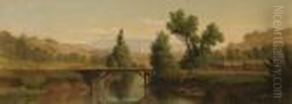 Expansive Landscape With Bridge And Distant Church Steeple And Mountain Oil Painting by Levi Wells Prentice