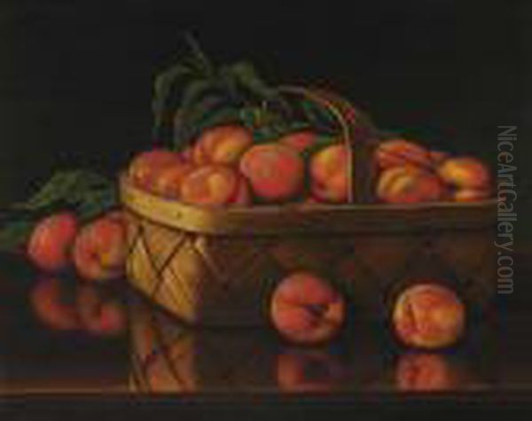 Basket Of Peaches On A Tabletop Oil Painting by Levi Wells Prentice