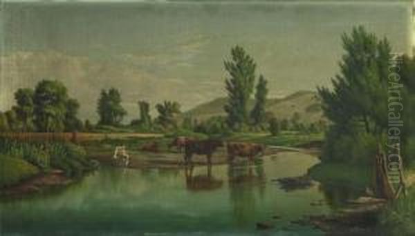 Cows Along The Stream Oil Painting by Levi Wells Prentice