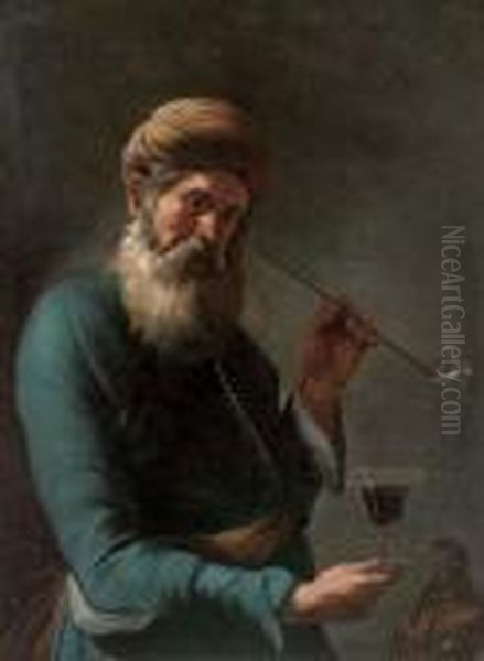 A Bearded Man, 
Three-quarter-length, In Oriental Costume, Smoking A Pipe, A Glass Of 
Wine In His Right Hand Oil Painting by Gregorio Preti