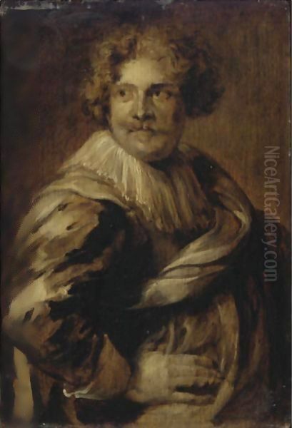 Portrait of Simon de Vos, half-length, in a falling ruff, pink jacket and satin sash, en grisaille Oil Painting by Sir Anthony Van Dyck