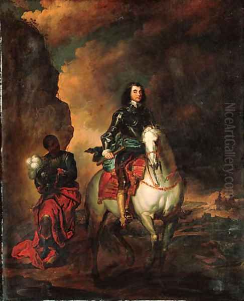 Equestrian portrait of a nobleman, small-full-length, in armour with a blue sash, a marshal's baton in his right hand, his page holding his helm Oil Painting by Sir Anthony Van Dyck