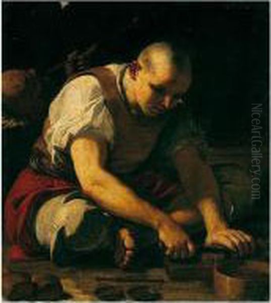 A Man Cutting Up Tobacco, Another Smoking Behind Oil Painting by Mattia Preti