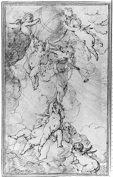 Putti in the Clouds supporting a Globe Oil Painting by Sir Anthony Van Dyck