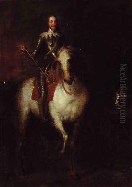 An equestrian portrait of Charles I, small full-length, in armour, mounted on a grey horse Oil Painting by Sir Anthony Van Dyck