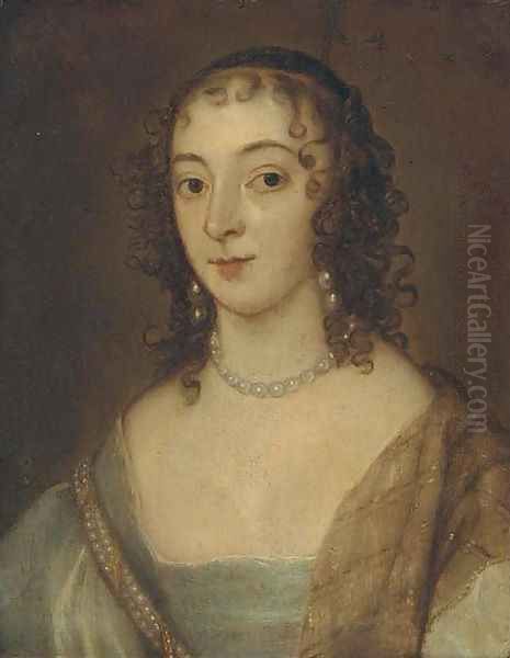 Portrait of a lady, small quarter-length, in a blue dress and pearl necklace Oil Painting by Sir Anthony Van Dyck