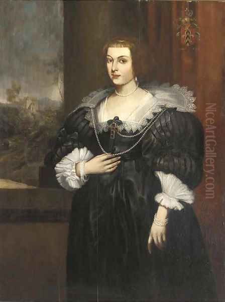 Portrait of a lady, three-quarter-length, in a black silk dress with a white lace collar and a pearl necklace with a crucifix Oil Painting by Sir Anthony Van Dyck