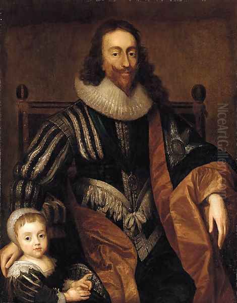 Portrait of Charles I, seated, three-quarter-length, and James II as a youth nearby Oil Painting by Sir Anthony Van Dyck