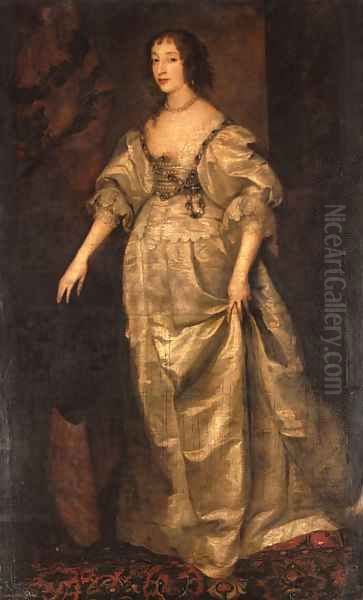 Portrait of Queen Henrietta Maria, full-length, in a white silk dress Oil Painting by Sir Anthony Van Dyck