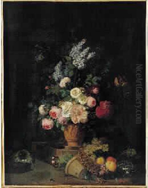 Nature Morte Au Bouquet De Fleurs Dans Un Vase Orne Debas-relief Et Corbeille De Fruits Oil Painting by Jean Louis, Le Jeune Prevost