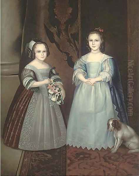 Portrait of two sisters, full-length, one in a blue dress, the other in a brown dress holding a bouquet of flowers Oil Painting by Sir Anthony Van Dyck