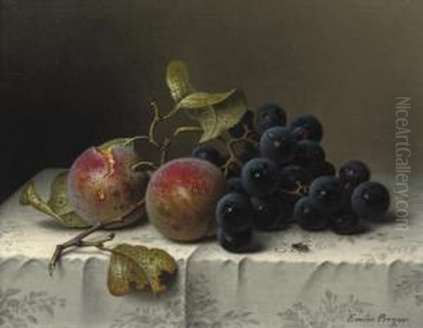 Prunes And Grapes On A Damast Tablecloth Oil Painting by Emilie Preyer