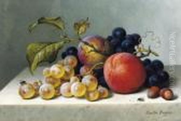 Peaches And Grapes On A Marble Ledge by Emilie Preyer