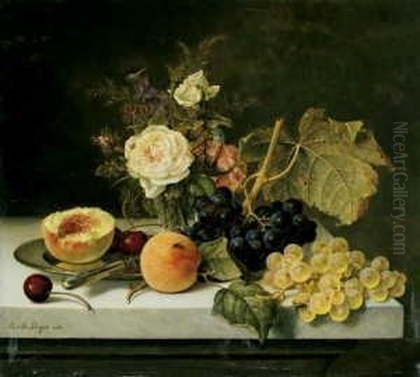 Blumen- Und Fruchtestilleben Mit Halbiertem Pfirsich. Oil Painting by Emilie Preyer