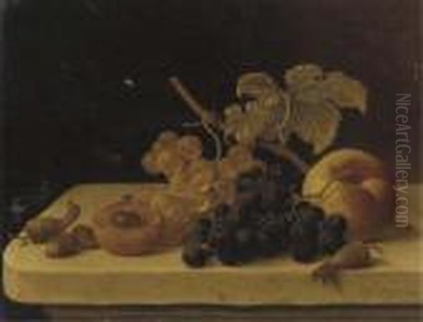 Grapes, Acorns, An Apricot And A Peach On A Ledge With A Fly Oil Painting by Emilie Preyer