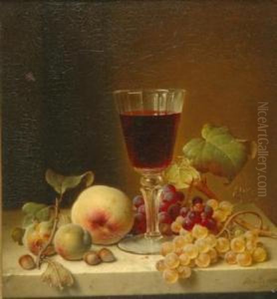 Grapes, Oysters, Lemon, Almonds And A Flute Of Champagne On Adraped Ledge Oil Painting by Johann Wilhelm Preyer