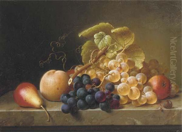 Pears, Grapes And A Peach On A Ledge Oil Painting by Johann Wilhelm Preyer