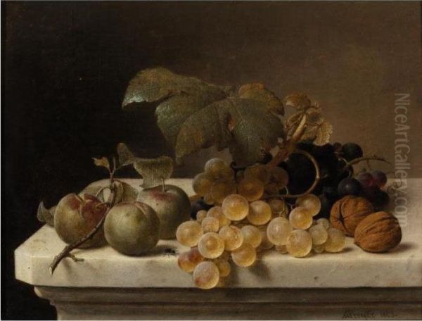 Still Life With Lady Apples, Grapes, And Walnuts Oil Painting by Johann Wilhelm Preyer