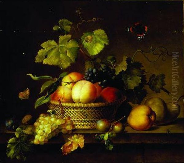 Still Life With Grapes, Peaches, Pear And Plums With Insects On Amarble Ledge Oil Painting by Johann Wilhelm Preyer