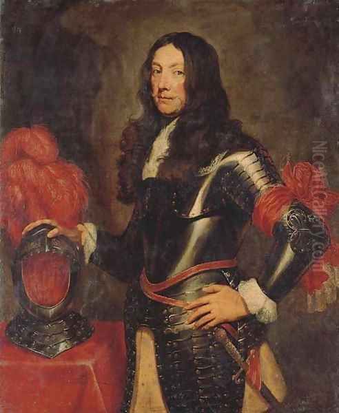 Portrait of a gentleman in armour, three-quarter-length, with a plumed helmet on a table beside Oil Painting by Sir Anthony Van Dyck