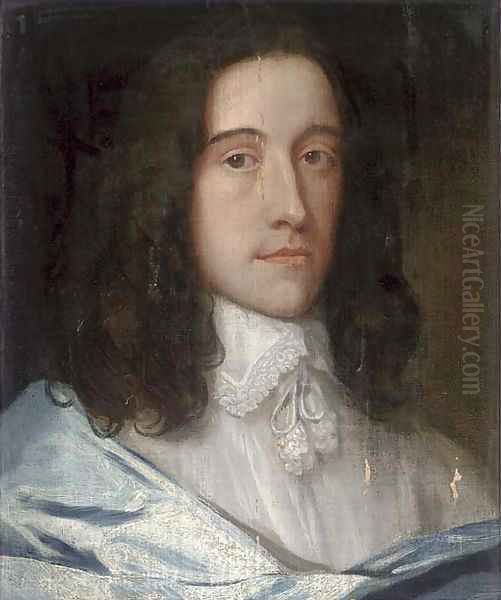 Portrait of a gentleman, bust-length, in a white shirt and blue wrap Oil Painting by Sir Anthony Van Dyck