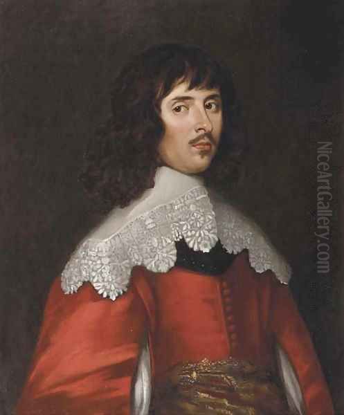 Portrait of a man, half-length, in a red costume with slashed sleeves and a white collar Oil Painting by Sir Anthony Van Dyck