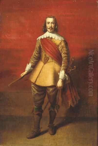 Portrait of a Nobleman, full-length, in a gold embroidered yellow costume with lace cuffs and collar and a red sash Oil Painting by Sir Anthony Van Dyck