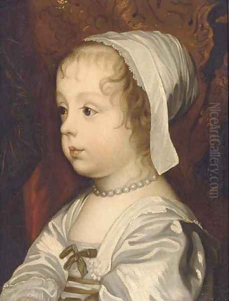 Portrait of a young girl, thought to be Princess Mary (B.1631), bust- length, in a white dress with green ribbon Oil Painting by Sir Anthony Van Dyck