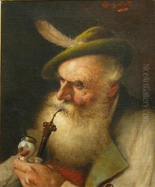 An Old Man Smoking A Pipe Oil Painting by Alois Heinrich Priechenfried