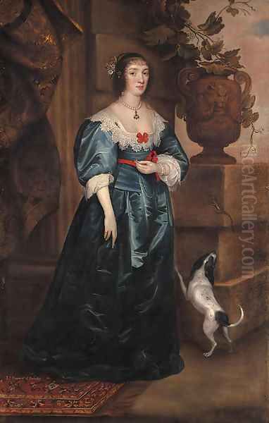 Portrait of Mary, Lady Gerard, of Bromley, full-length, in a blue dress, a dog at her side, beside a classical urn on a plinth on which rests a lizard Oil Painting by Sir Anthony Van Dyck