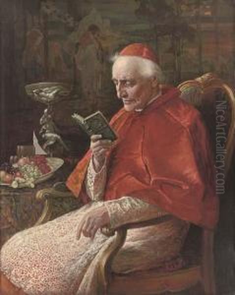 A Cardinal Reading Oil Painting by Alois Heinrich Priechenfried