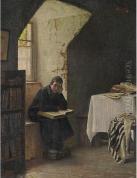 Yeshiva Boy Studying Oil Painting by Alois Heinrich Priechenfried