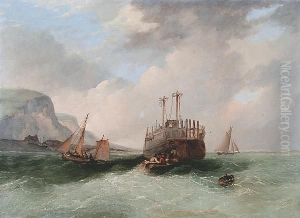 Boats And A Hulk Off The Coast In A Choppy Sea Oil Painting by Alfred Priest