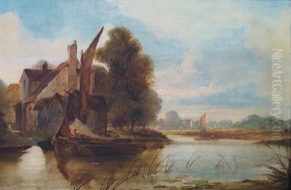 Boats On A Bend In The River Oil Painting by Alfred Priest