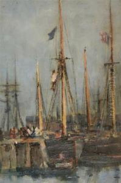 Fishing Boats In Harbour Oil Painting by Bertram Walter Priestman